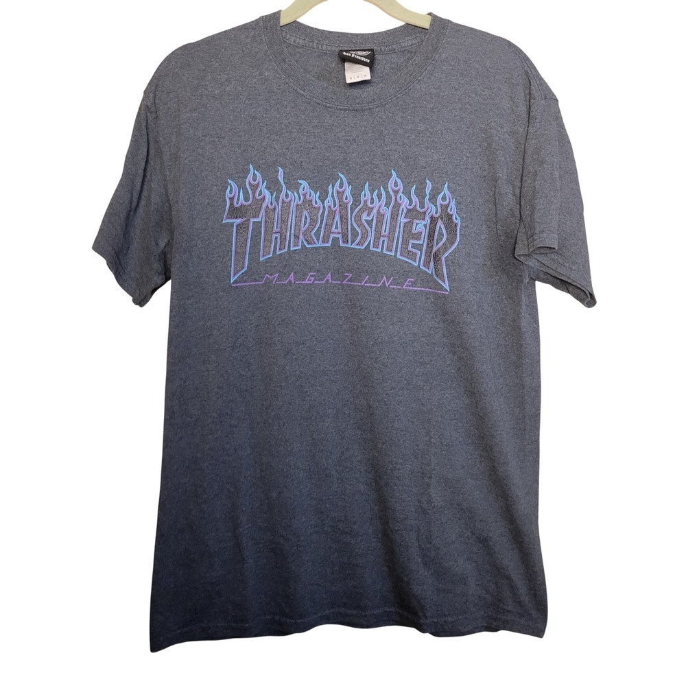 Thrasher Magazine Flame Logo T-Shirt Mens Med Charcoal Heather Grey Purple Blue